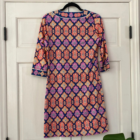 Gretchen‎ Scott Split Neck Dress Haveli New Size XS Navy Orange Pink Printed - Picture 9 of 10